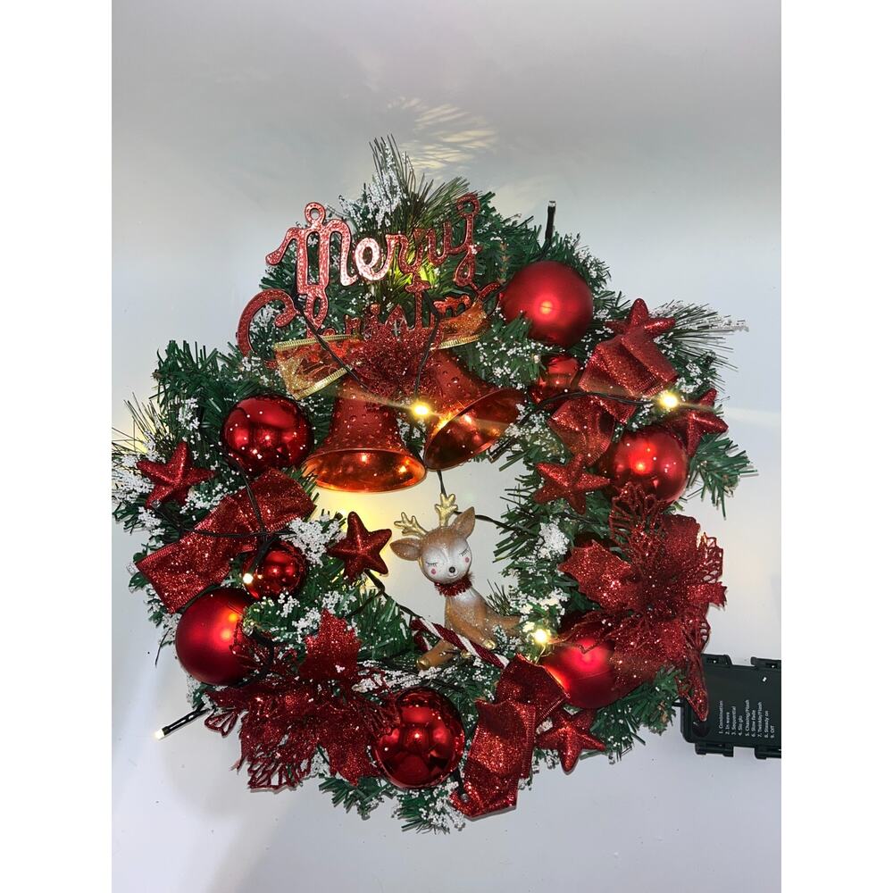 Pre Lit Merry Christmas Wreath with Twinkly Lights plus Reindeer Poinsettia Bell - Picture 4 of 16